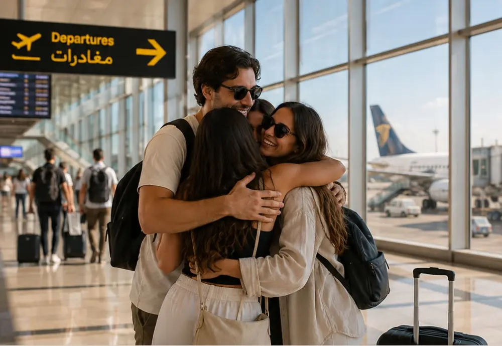 Friends embracing at the airport before departure