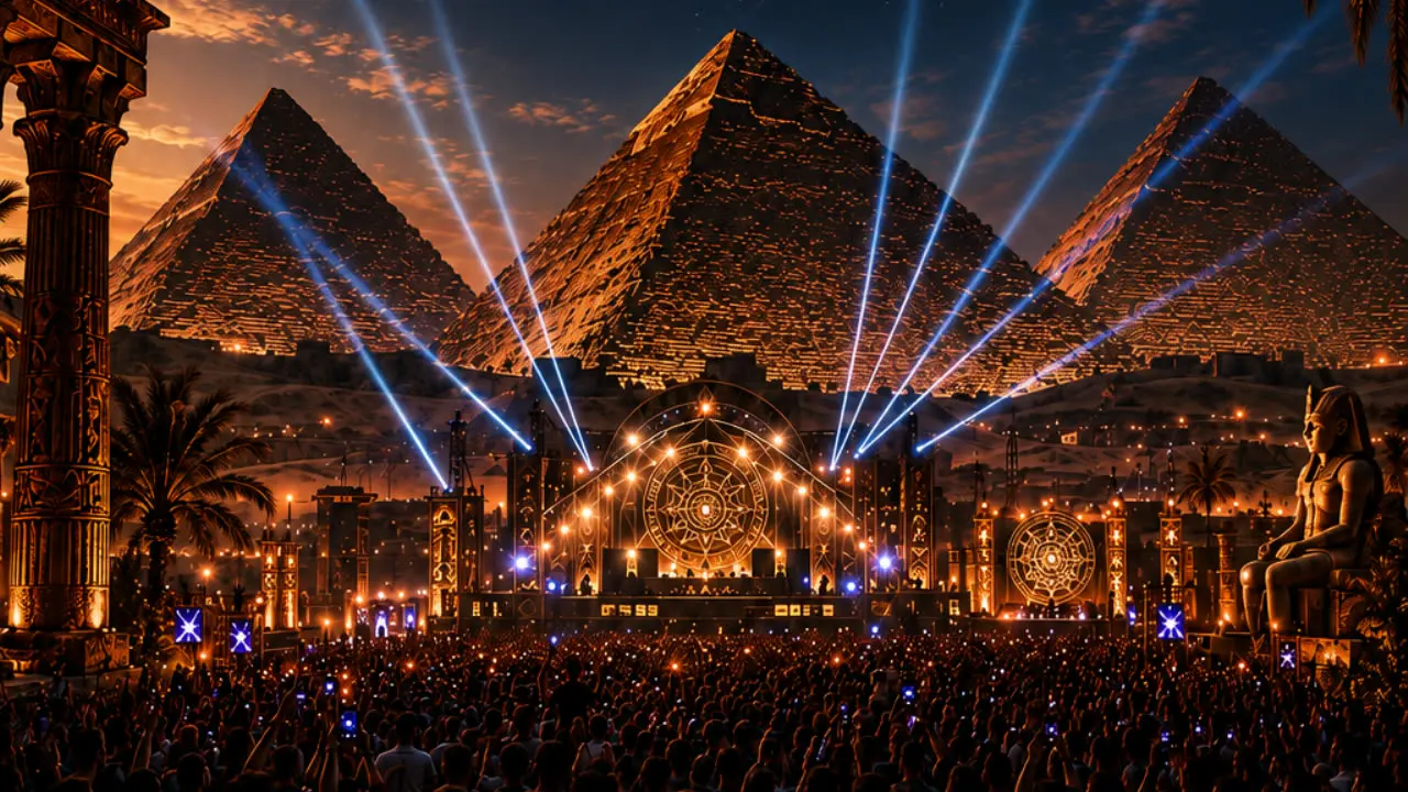 Text-free pyramid festival stage with lights and crowd